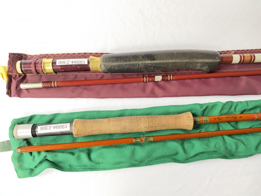 2 Fliegenruten: Engelbrecht München Super Fly, Hohlglas, 2tlg., #6, Futteral von Triplex München und Mitchell Conolon, 2tlg., 2,60, #6, Originalfutteral, Gebrauchsspuren