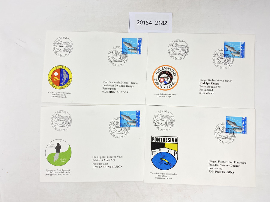 4 Ersttagsbriefe von 1996. Die Präsidenten von Fliegenfischereivereinen in den verschiedenen Sprachregionen (deutsch, französisch, italienisch, rätoromanisch) haben sich zusammengetan und die Ersttsgsbriefe mit der pro junentute Briefmarke (darauf Äsche) an sich schicken lassen und dann untereinander getauscht. 1 Fliegenfischerverein Zürich, 1 Fliegenfischer Club Pontresina, 1 Club Sportiv Mosche Vaud, 1 Club Pescatori a Mosca-Ticino