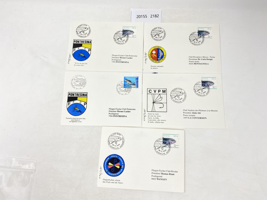 5 Ersttagsbriefe von 1966. Die Präsidenten von Fliegenfischervereinen in den verschiedenen Sprachregionen (deutsch, französisch, italienisch, rätoromanisch) haben sich zusammengetan und die Ersttagsbriefe mit der pro junentute Briefmarke (darauf Äsche) an sich schicken lassen und dann untereinander getauscht. 1 Club Pescatori a Moussa-Ticino,1 Club Vaudois des Bechers a la Mosche, 1 Fliegen Fischer Club Rivalta, 2 Fliegen Fischer Club Pontresina