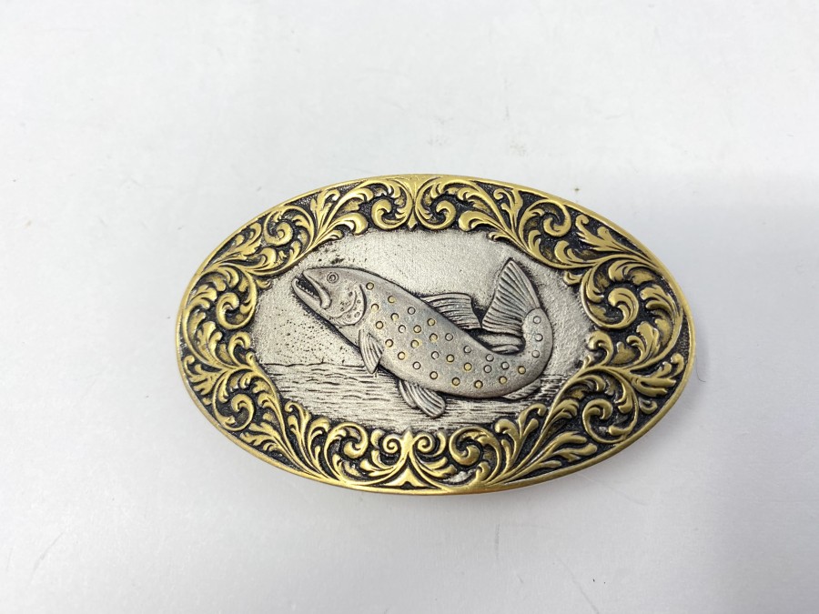 Gürtelschliesse, 925 Silber, Forelle, Randgravur vergoldet, 4 x 7 cm