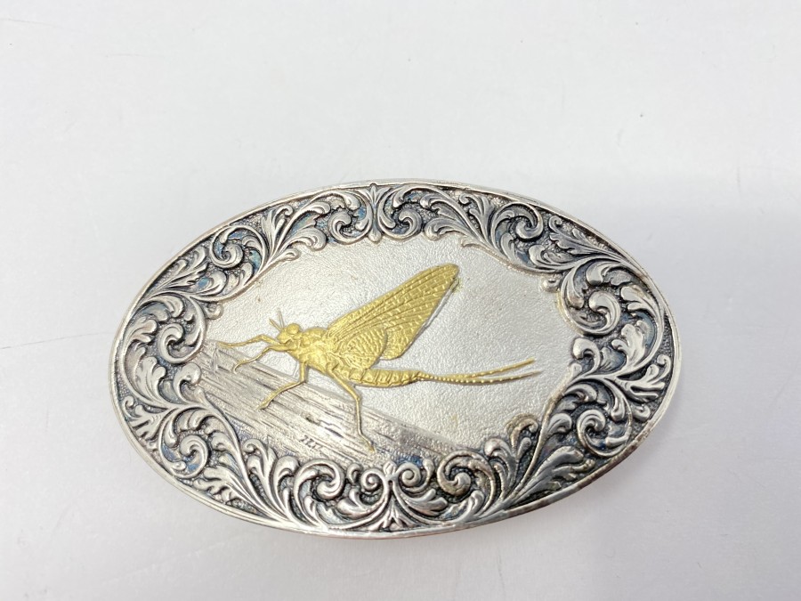 Gürtelschliesse, 925 Silber, Motiv Eintagsfliege vergoldet, 4 x 7 cm