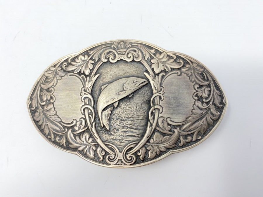Gürtelschliesse, 925 Silber, Motiv Lachs, 2 Felder für Gravur, 5 x 8 cm