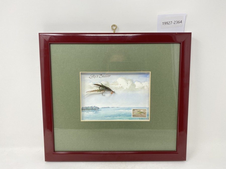 Bilderrahmen mit Aquarell, Fliege Lefty's Deceiver, mit Briefmarke, 35 x 32 cm