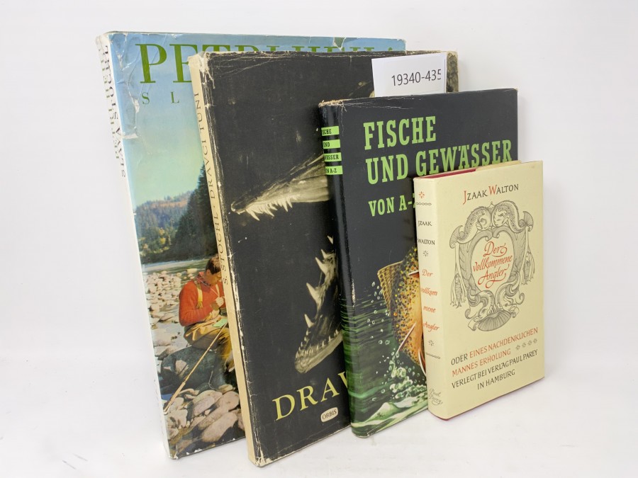 4 Bücher: Der vollkommene Angler, Izaak Walton; Fische und Gewässer von A - Z, 1961, Dravci Tuni; Salza Stochl; Petri Heil, Slava Stochl