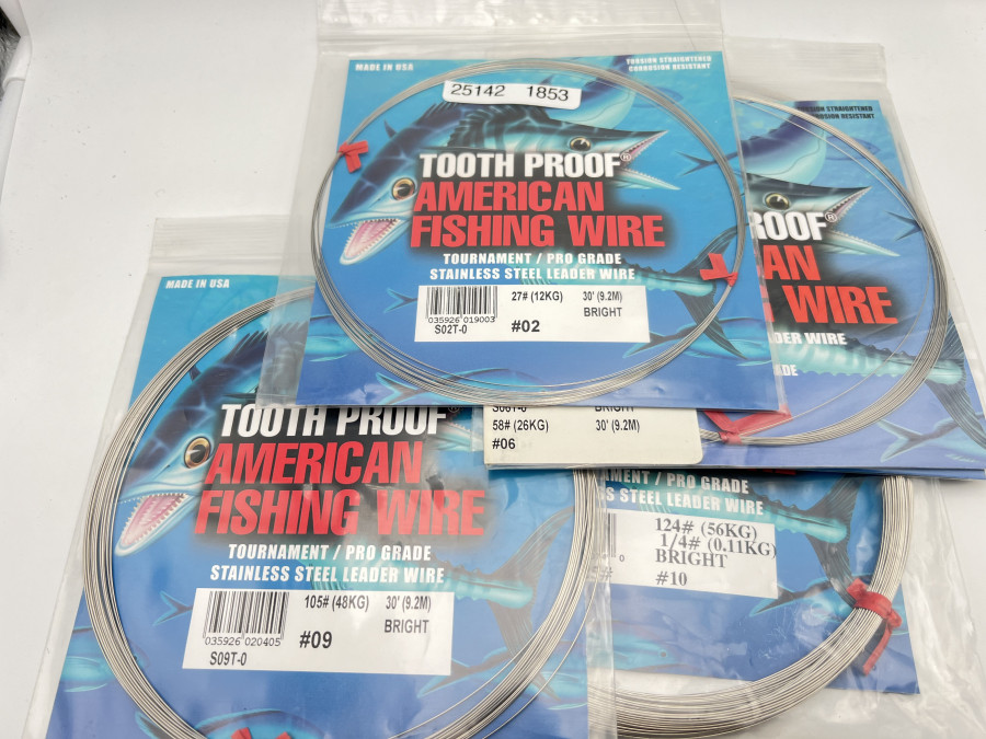 5 Packungen Stahlvorfachmaterial, Tooth Proof American Fishing Wire, 12kg, 26kg, 39kg, 48kg, 56kg, neu