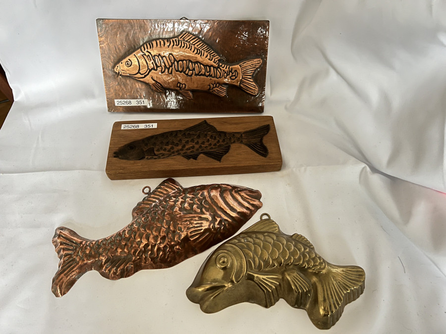 4 Vintage Fischformen, Kupfer, Messing  Holz