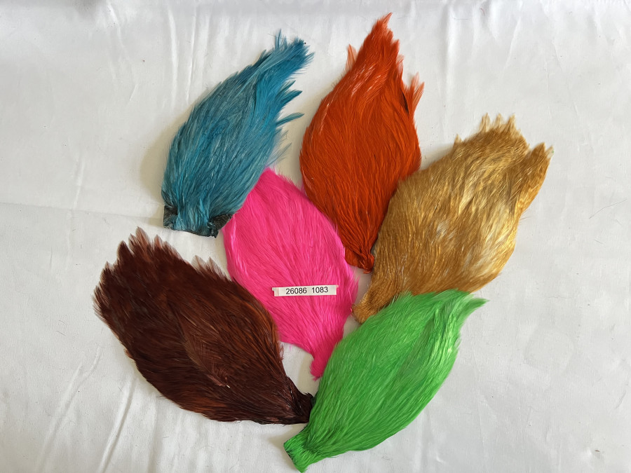 Hahnenbälge, 6 Stück, verschiedene Farben, Federn entnommen