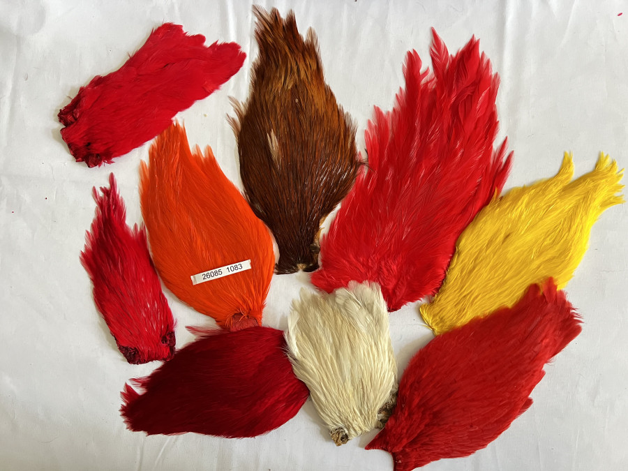 Hennenbälge, 6 Stück, verschiedene Farben und 1 Hahnensattelbalg, Federn entnommen