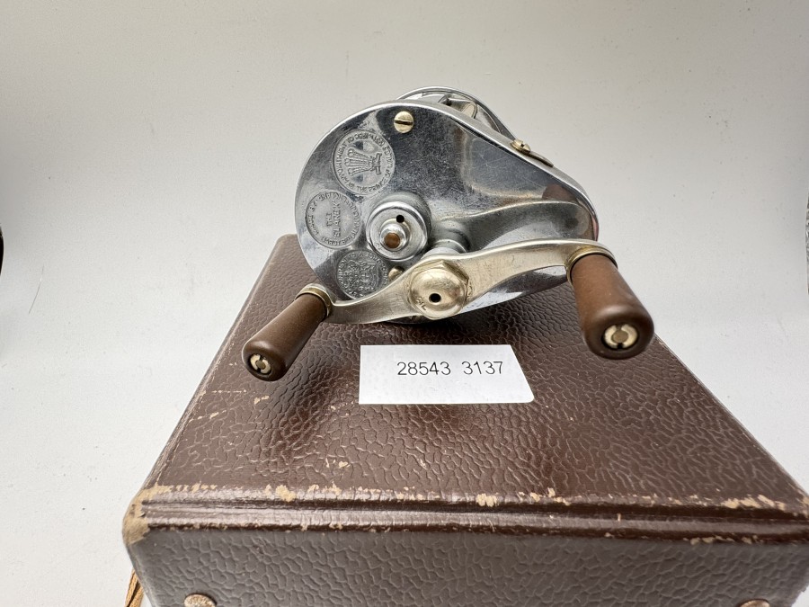 Multrirolle, Made by Hardy Ltd. Alnwick England, The Elarex, Bedienungsanleitung, Schlüssel, im Originalkarton, hakt etwas beim Schnureinzug, Gebrauchsspuren,