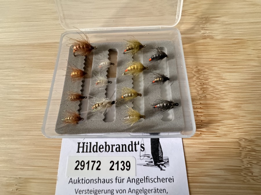 Nymphensortiment, 14 Stücin Minifliegenbox, , gerillter Tungstenkörper, CDC Feder mit UV Dubbing, Kamasanhaken, Grösse 12 und 16, Widerhaken, extrem fängig