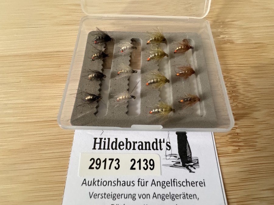 Nymphensortiment, 14 Stück in Minifliegenbox,  gerillter Tungstenkörper, CDC Feder mit UV Dubbing, Kamasanhaken, Grösse 12 und 16, Widerhaken, extrem fängig