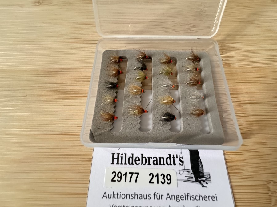 Nymphensortiment, 20 Stück in Minifliegenbox, Tungstenkörper, Grösse 18, CDC Feder mit UV Dubbing, extrem fängig