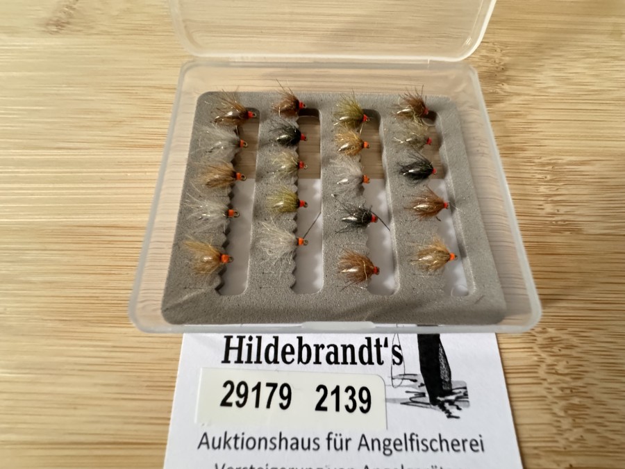 Nymphensortiment, 20 Stück in Minifliegenbox, Tungstenkörper, Grösse 18, CDC Feder mit UV Dubbing, extrem fängig