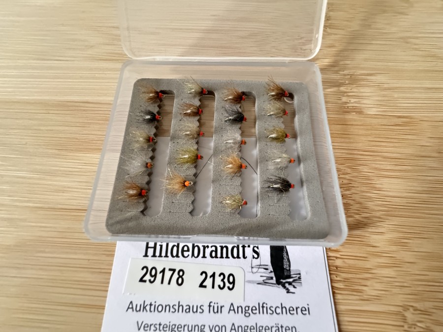 Nymphensortiment, 20 Stück in Minifliegenbox, Tungstenkörper, Grösse 18, CDC Feder mit UV Dubbing, extrem fängig