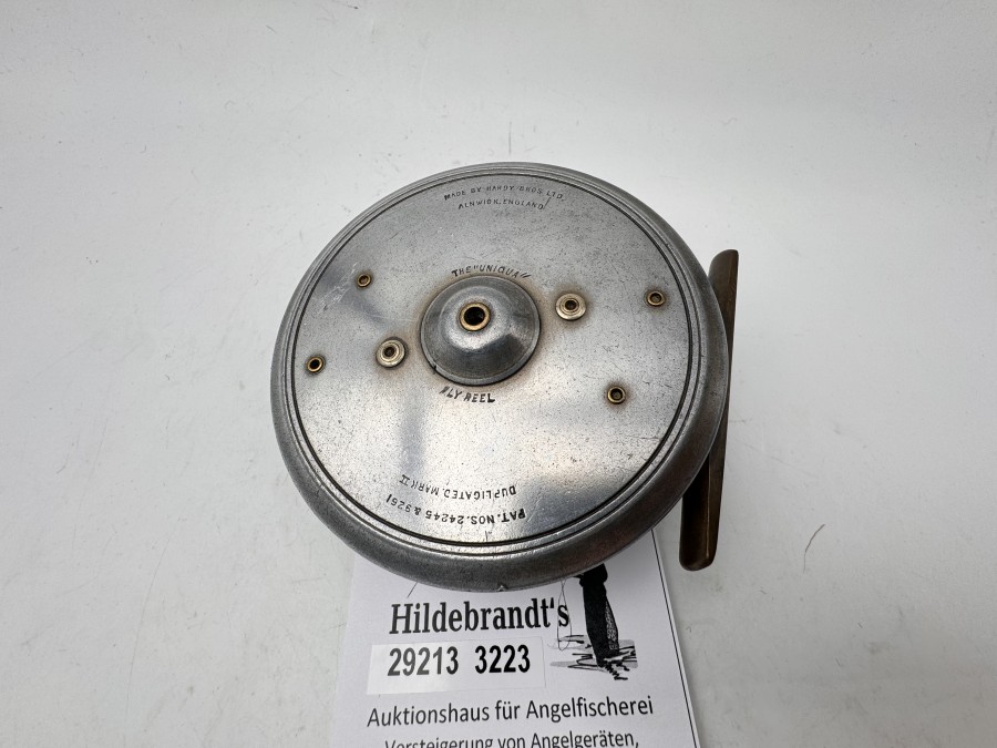 Fliegenrolle, Made by Hardy Bros Ltd Alnwick, England, The "Unique" Fly Reel, Pat. Nos. 24245 & 9261, Duplicated Mark II, Rechts- oder Linkshand, Gewicht 186g, Rollendurchmesser 99mm, Rollenbreite 34mm, Messingrollenfuß, 67mm, technisch gut, Gebrauchsspuren