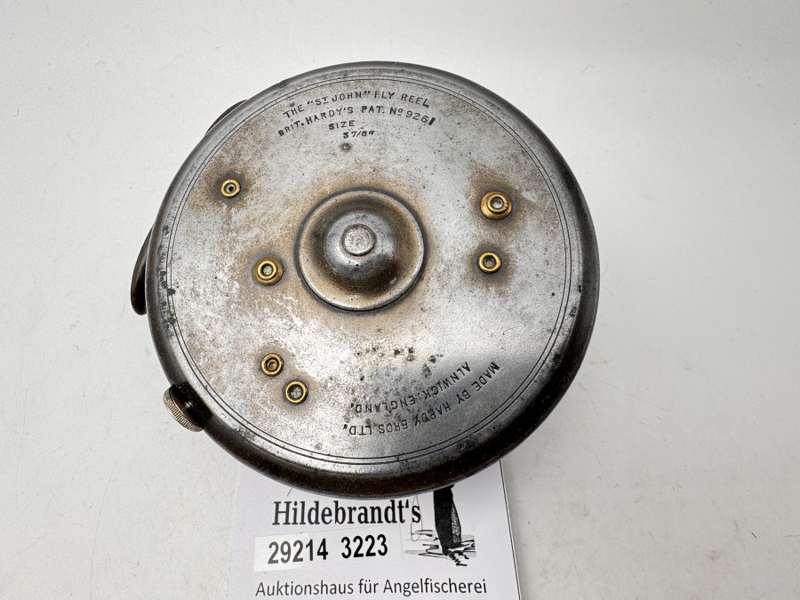 Fliegenrolle, Made by Hardy Bros Ltd Alnwick, England, The "St. John" Fly Reel, Size 3 //8",Brit. Hardy's Pat. No. 9261, Innengravur: T.A.G., Rechts- oder Linkshand, Gewicht 235g, Rollendurchmesser 99mm, Rollenbreite 34mm, technisch in Ordnung, Gebrauchsspuren