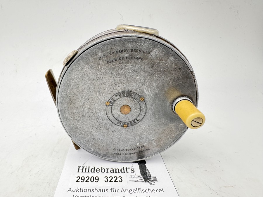 Fliegenrolle, Made by Hardy Bros Abwich, England, The "Perfect" Flyreel, Pat. Nos. 24245 & 9261, Rechtshand, Achat Schnurführungsring, gebrochen, Gewicht 201g, Rollendurchmesser 86mm, Rollenbreite 30mm, technisch gut, Gebrauchsspuren