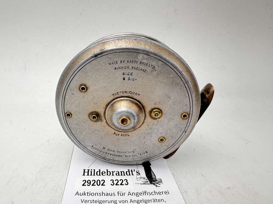 Fliegenrolle, Made by Hardy Bros. Ltd. Alnwick, England, The "Unique" Fly reel, Size 3 3/8", Brit. Pat. Nos 145904, USA 369887, Innengravur: T.A.G, Ivory Handle, Messingrollenfuß 60mm lang, gerillt, guter Zustand