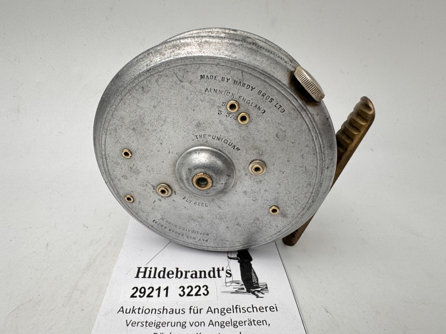 Fliegenrolle, Made by Hardy Bros Ltd Alnwick, England, The "Unique" Fly Reel, Size 3 3/8", Pat. Nos. 25245 & 9261, Rechtshand, Gewicht 172g, Rollendurchmesser 85mm, Rollenbreite 32mm, technisch gut, Gebrauchsspuren