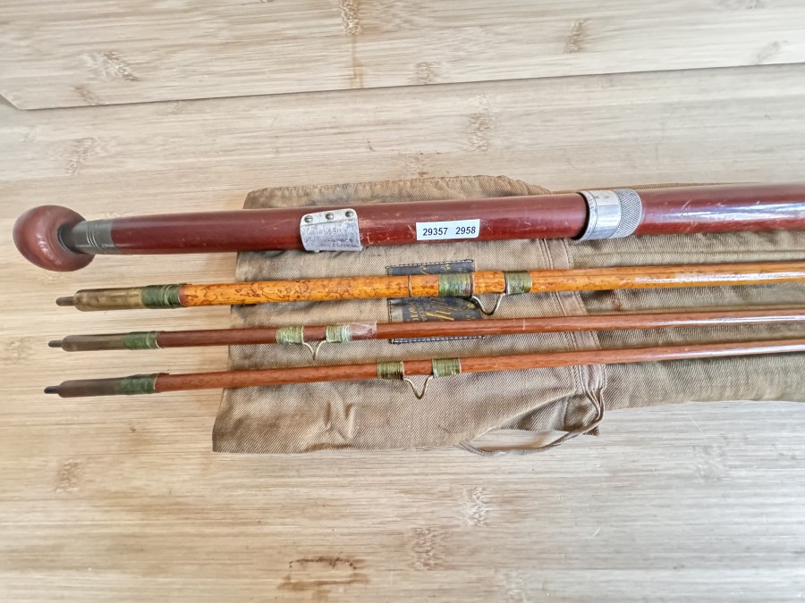 Vintage Fliegenrute, Hardy Bros Makers Alnwick, Bambus, 3tlg., 2 verschieden lange Spitzen, 3,40m und 2,90m, #10, Futteral, Gebrauchsspuren, Transportlänge 1200mm