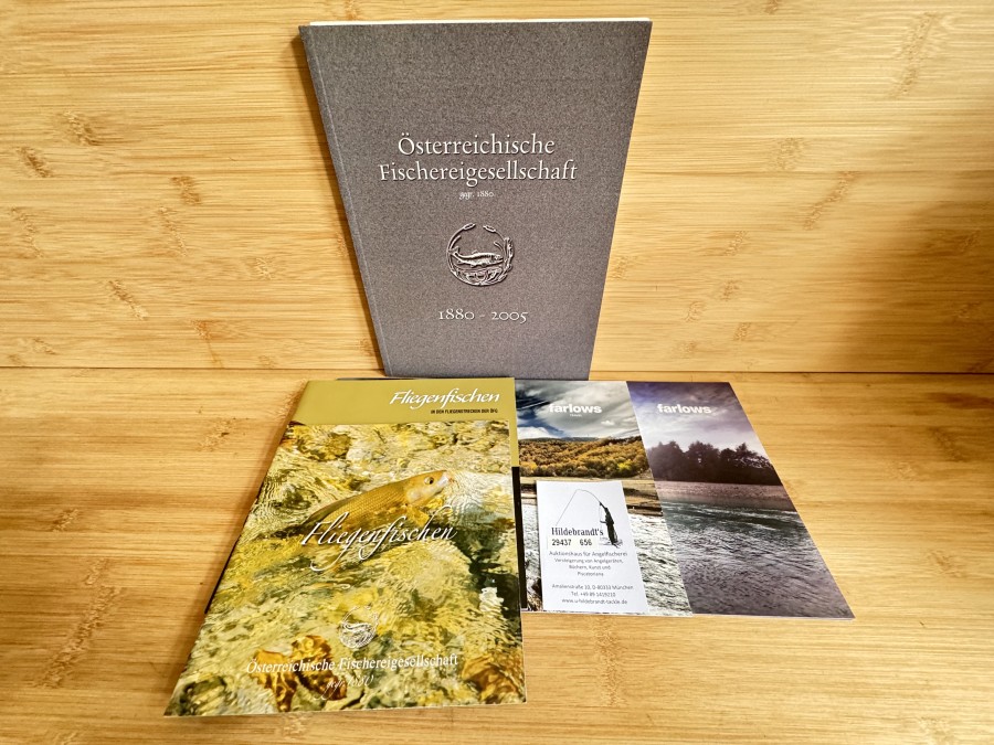 5 Kataloge, Österreichische Fischereigesellschaft 1880 - 2005, Fliegenfischen, Fliegenfischen in den Gewässern der ÖFG, 2x farlows Travel