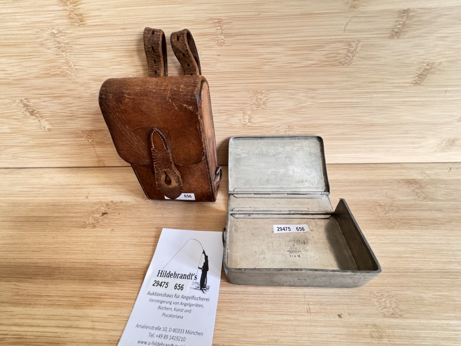 Vintage Silberblechbox, James Dixon & Sons, Sheffield, 916 M, 120x75x30mm, Gewicht 307 Gramm, in Lederbox mit Riemenhalterung, Gebrauchsspuren