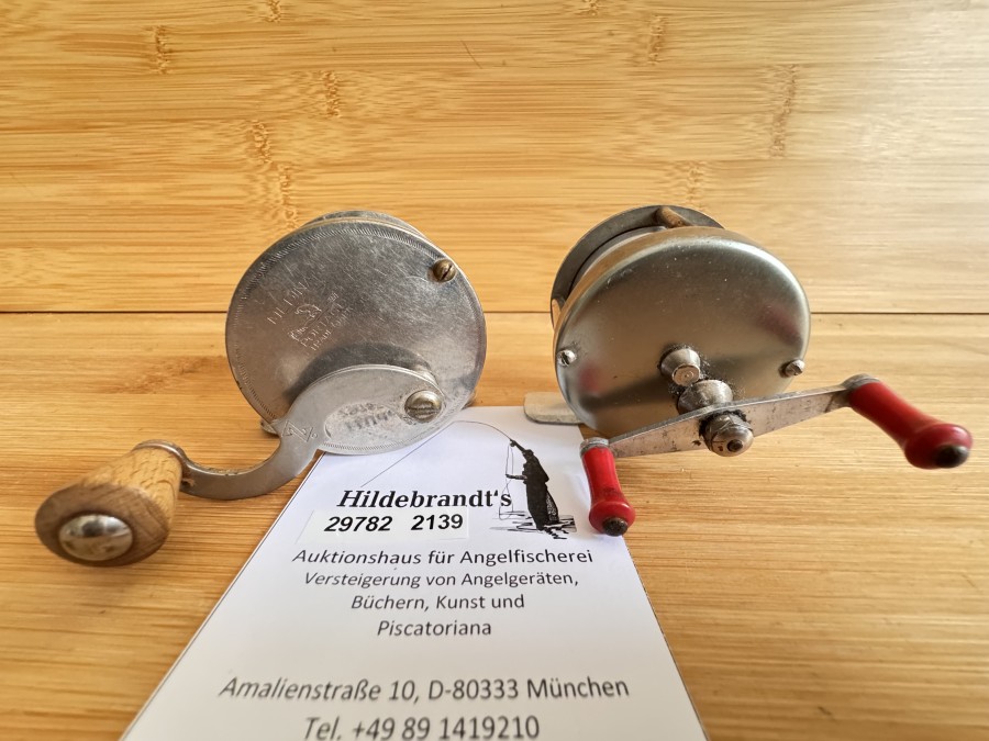 Vintage Multirollen, Medina Portlage Trade Mark, 60, ausschaltbare Knarre, 55mm Rollendurchmesser, 40mm Rollenbreite und kleine Multirolle, Made in France, 55mm Rollendurchmesser, 35mm Rollenbreite, Gebrauchsspuren