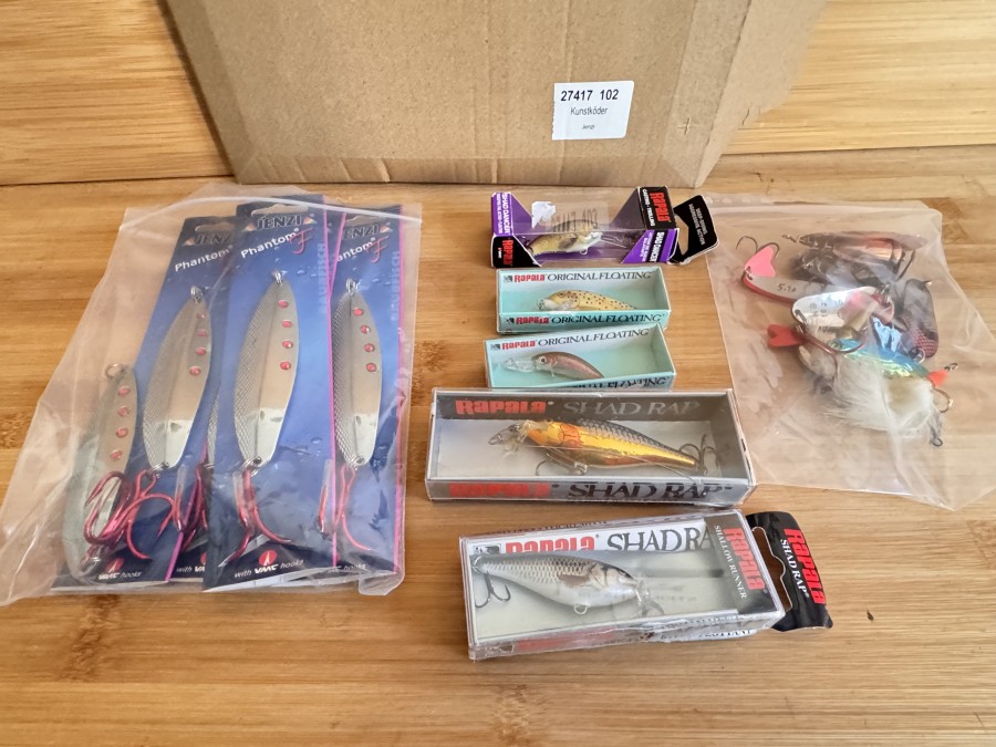 19 Kunstköder, 5 Jenzi Phantom, 50 Gramm, 9 Spinner und Effzet, 2 Rapala Shad Rap, 1 Rapala F05 TRL, 1 Rapala FQ05 RTL, 1 Rapala Shad Dance, neu und gebraucht, für Forelle, Hecht, Huchen und Waller