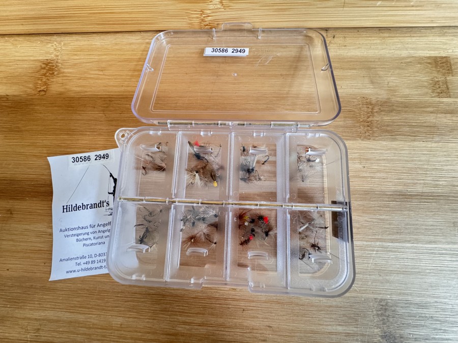 Kunststoff Fliegenbox, Danica, Grösse 140x100x30mm, 8 Fächer, 80 Trockenfliegen, Grösse 12 bis 20, für Äsche und Forelle
