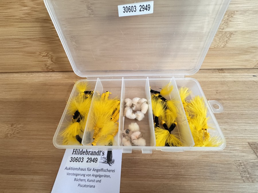 Kunststoff Fliegenbox, Grösse 175x95x30mm, 40 Jig´s und 10 Eifliegen, sehr fängig, an vielen Gewässern verboten