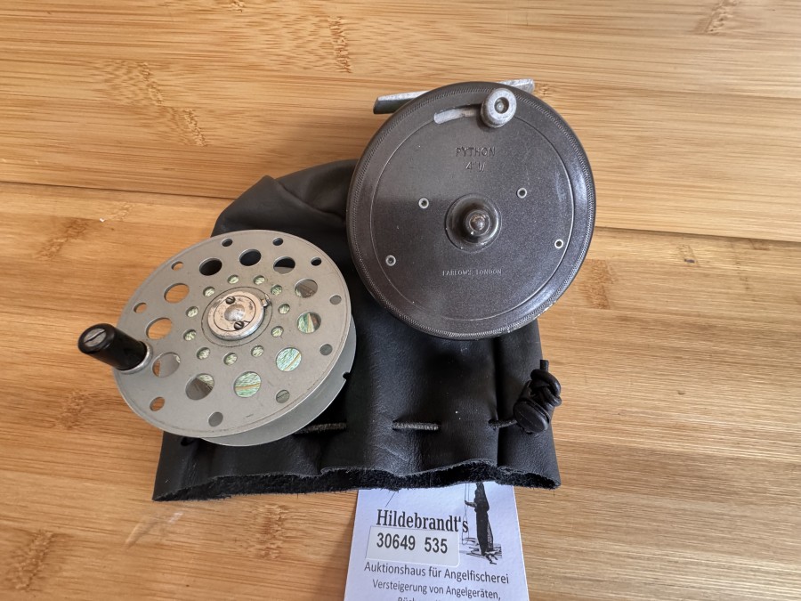 Lachsfliegenrolle Farlow´s London, Python 4"W, Links- oder Rechtshand, #10, Reservespule, Leder Rollentasche, technisch in Ordnung, Gebrauchsspuren