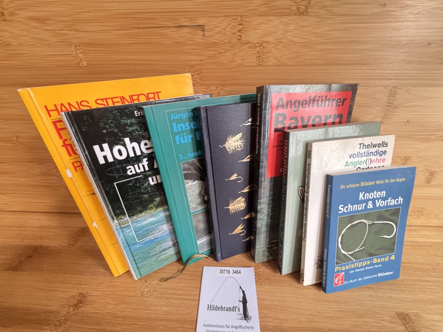 Knoten Schnur & Vorfach, Blinker, Thelwells vollstänsdige Angler(l)ehre Chartoons, Norman Thelwell, 1977, Die Sportfischer Prüfung, Hans Bensch , 1972, Angelführer Bayern, 2000, Kasten, Der vollkommene Angler, Zweiter Theil wie man Forellen oder Asche in einem klaren Strome fängt, Charles Cotton, Verlag J. Schück, 2000, Insektenkunde für Fiegenfischer, Jürgen Schrodt, 1998, Hohe Schule auf Äschen und Forellen, Erich Stoll/Hans Gebetsroither, 1999, Fliegenfischen für Anfänger, Hans Steinfort, 1973