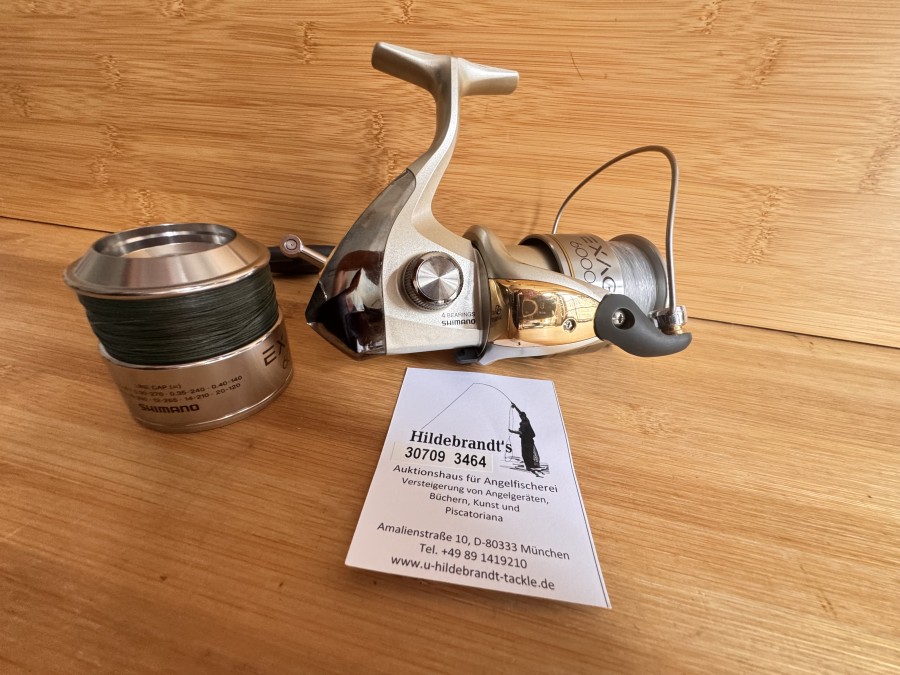 Stationärrolle, Shimano, Exage 6000FA, Made in Malaysia, mit monofiler Schnur 0,45mm und Reservespule mit geflochtener Schnur, leichte Gebrauchsspuren