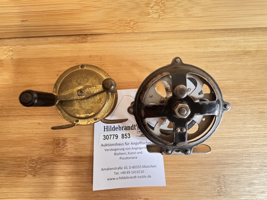 Vintage Angelrolle, Tokoz, ausschaltbare Knarre, Rollendurchmesser 65mm, Rollenbreite 30mm. Kleine Messingrolle, DAM, Made in Germany, Rollendurchmesser 50mm, Rollenbreite 28mm, Gebrauchsspuren