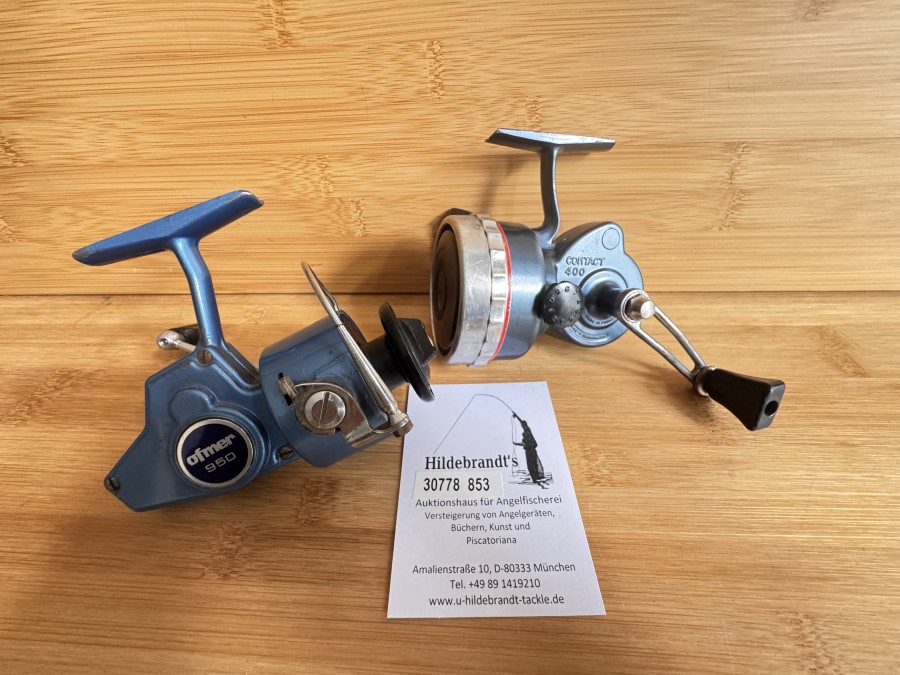 Stationärrolle, Ofmer 950, Made in Itay, Gebrauchsspuren und Contact 400, Licence P.Hauborchr, Made in France, Gebrauchsspuren