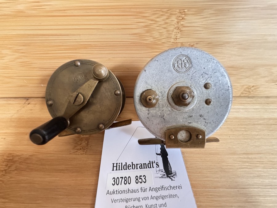 Vintage Angelrolle, Alu/Messing, Rollendurchmesser 63mm, Rollenbreite 35mm und kleine Messingrolle, DAM, Effzett 495, Made in Germany, Rollendurchmesser 55mm, Rollenbreite 32mm, Gebrauchsspuren