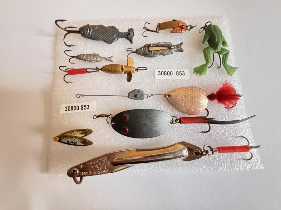 Kunstköder, DAM, grüner Frosch, 3 Zinnfischchen, Augenblinker, 3cm, Devon, 3cm, Pilker, No. 1958/75fg Mausblinker, Glasaugen, 6cm, Spinner, DAM 2, ungefischt