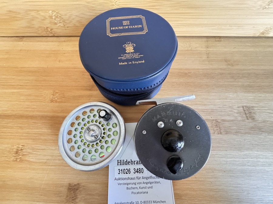 Fliegenrolle, Made by Hardy Bros Ltd England, Marquis #4, Gewicht mit Fliegenschnur 124 Gramm, Reservespule mit Fliegenschnur, Rollentasche, technisch gut, Gebrauchsspuren