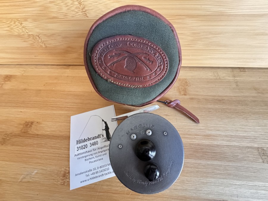 Fliegenrolle, Made by Hardy Bros. Ltd England, Marquis #5, Gewicht mit Fliegenschnur 147 Gramm, Links- oder Rechtshand, Orvis Rollentassche, technisch gut, Gebrauchsspuren