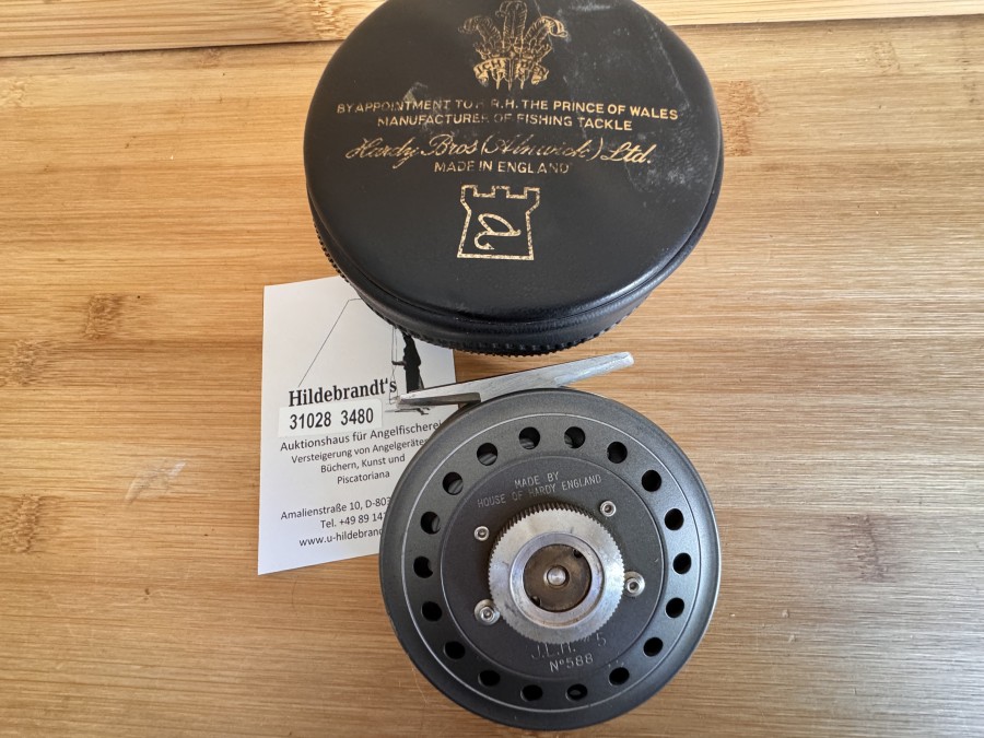 Fliegenrolle, Made by House of Hardy England, J.L.H. #5, No 588, Links- oder Rechtshand, Gewicht mit Fliegenschnur WF5F - 129 #Gramm, Rollentasche, Gebrauchsspuren