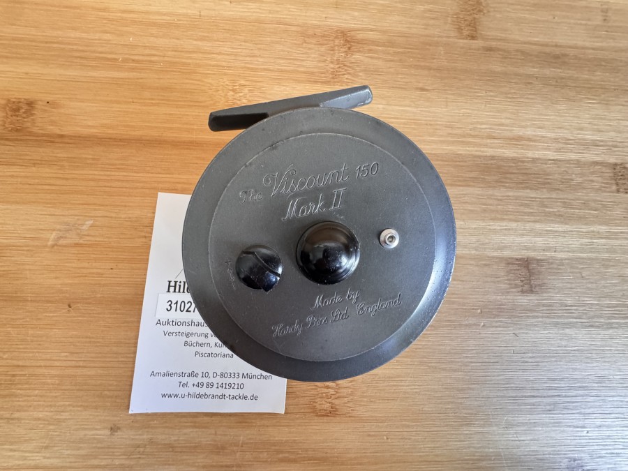 Fliegenrolle, Made by Hardy Bros Ltd, The Viscount 150, Mark II, Linkshand, Rollendurchmesser 92mm, Rollenbreite 32mm, Gewicht mit Fliegenschnur 157 Gramm, Gebrauchsspuren