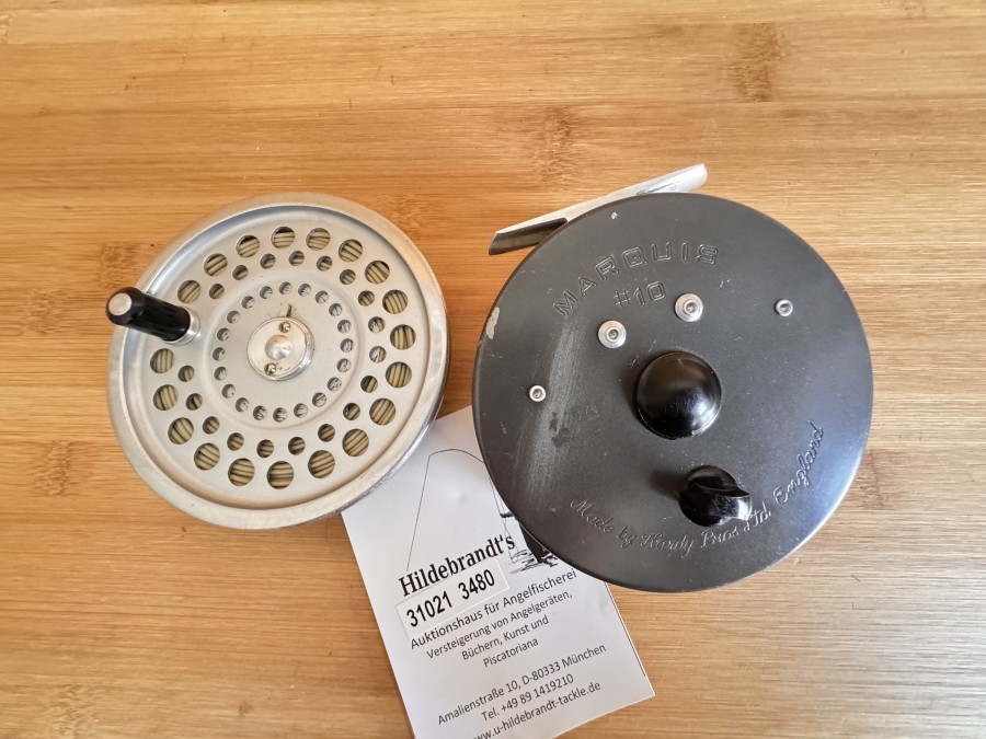 Lachsfliegenrolle, Made by Hardy Bros. Ltd England, Marquis #10, Gewicht mit Fliegenschnur 236 Gramm, Reservespule mit Fliegenschnur, technisch gut, Gebrauchsburen