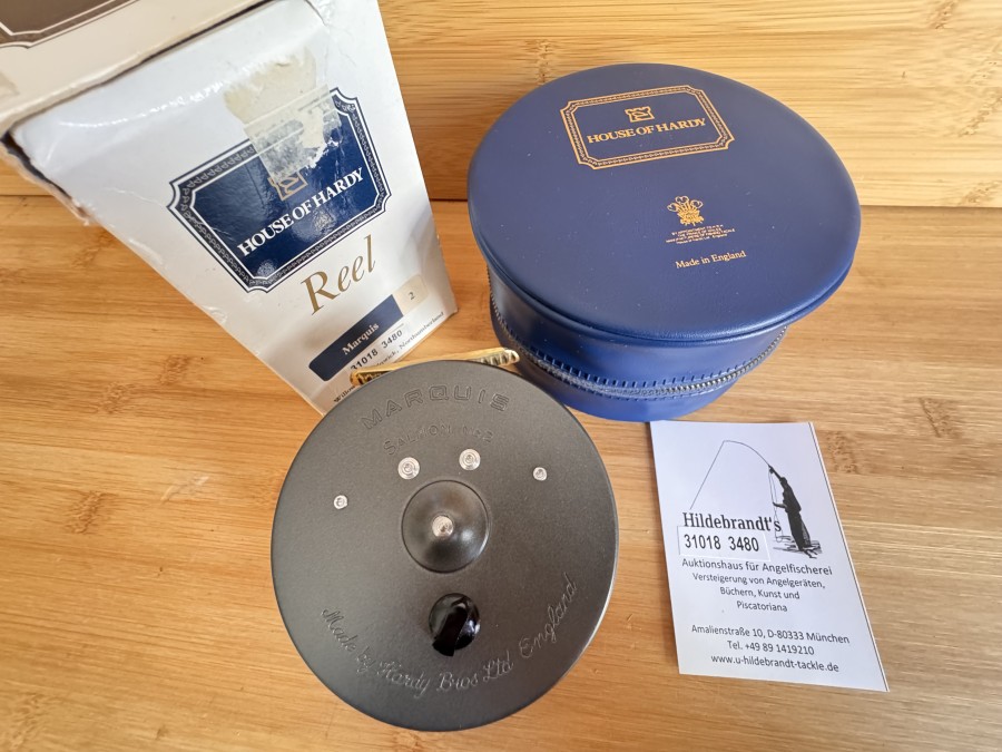 Lachsfliegenrolle, Made by Hardy Bros. Ltd. England, Marquis, Salmon No. 2, #10,  Gewicht 275 Gramm, Links- oder  Rechtshand, Rollentasche, ungefischt im Karton