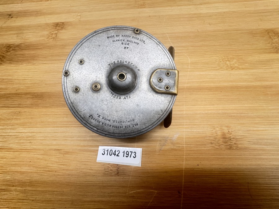 Fliegenrolle, Made by Hardy Bros Ltd England, The Sunbeam  Size 3", Brit. Pat. Nos 145904 & USA 369867, Duplicated Mark II, Rechtshand,  Messing Rollenfuß,  technisch sehr gut, Gebrauchsspuren