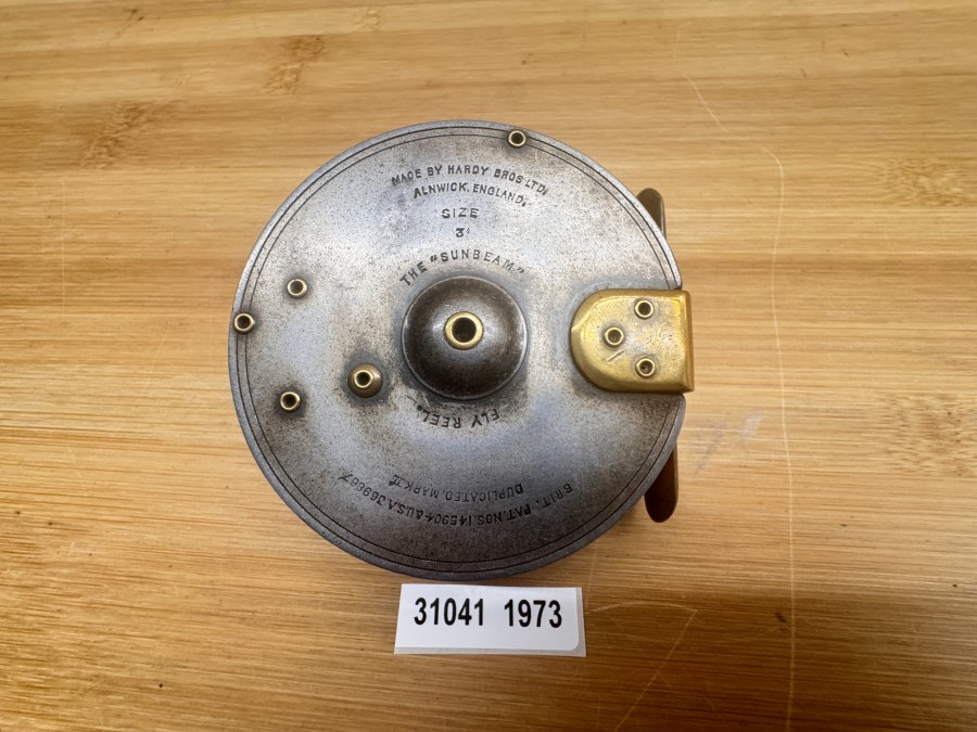 Fliegenrolle, Made by Hardy Bros Ltd England, The Sunbeam  Size 3", Brit. Pat. Nos 145904 & USA 369867, Duplicated Mark II, Rechtshand,  Messing Rollenfuß,  technisch sehr gut, Gebrauchsspuren