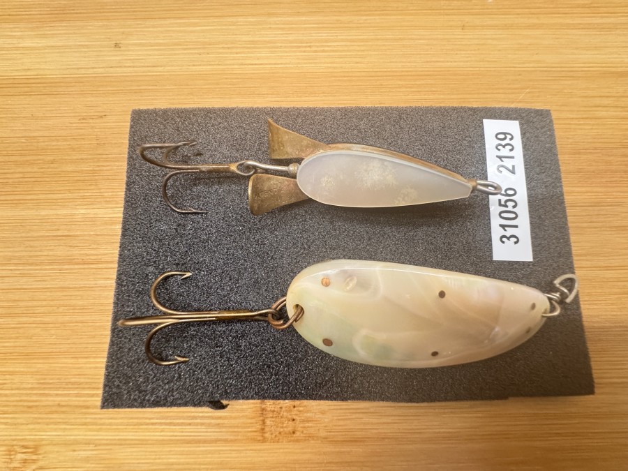 2 Kunstköder, Lemax, Perlmuttlöffel, mit Kupfer ausgeschlagen, 12g, Perlmutt Fischli, hell/dunkel, 50mm,  17g, guter Zustand