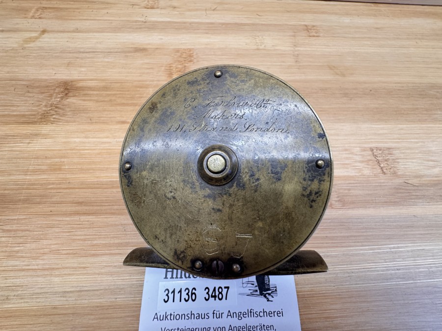 Vintage Angelrolle, C. Farlow Makers, 191 Strand London, Messing, Rollendurchmesser 70mm, Rollenbreite 32mm, Gewicht  280g, Ivory Handle, Gebrauchsspuren