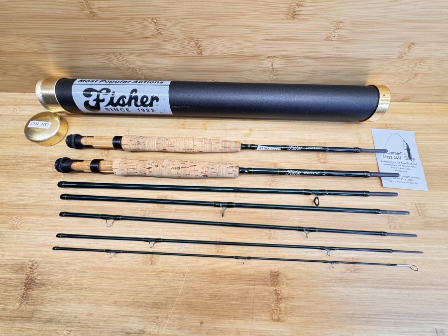 Fliegenrute, Fisher, Since 1922, Universe, 7tlg., 9", #5/6 und Combo, 5tlg., 7.6", #5/6, Gebrauchsspuren, kein Futteral, Alu Transportrohr, 2 Handteile, 4 Mittelteile und 1 Spitze, 2 verschiedene Ruten, Transportlänge 510mm