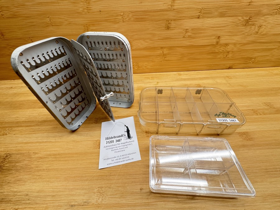 3 Fliegendosen, Cabelas, Flybox, Alu,  150x90x28mm, Halteclips, The Fly Shop, klar, 185x110x30mm, 10 Fächer, klar, 115x70x30mm, 4 Fächer, Gebrauchsspuren