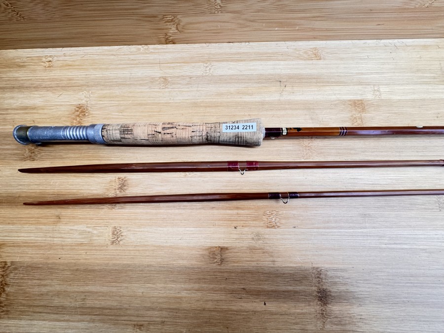Gespliesste Fliegenrute, J.S. Sharpe Ltd, Aberdeen, Scottie, Impregnated, spliced, 2tlg., 9", #6-7, Gewicht 201g, Futteral, Gebrauchsspuren, Transportlänge 1490mm